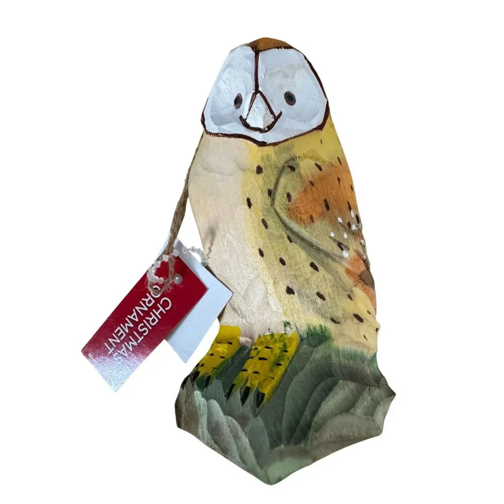 Hand-Carved Wooden Owl Christmas Ornament 4 1/4" High - Picture 2 of 8